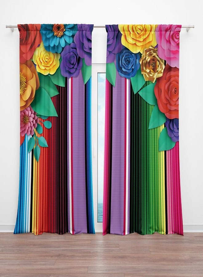 DOTOOMA 82 x 84 Inches Mexican Theme Paper Flowers Window Curtain Colorful Stripe Festival Celebration Carnival Bedroom Decoration Drapes 2 Panel Rod Pocket - Image 1